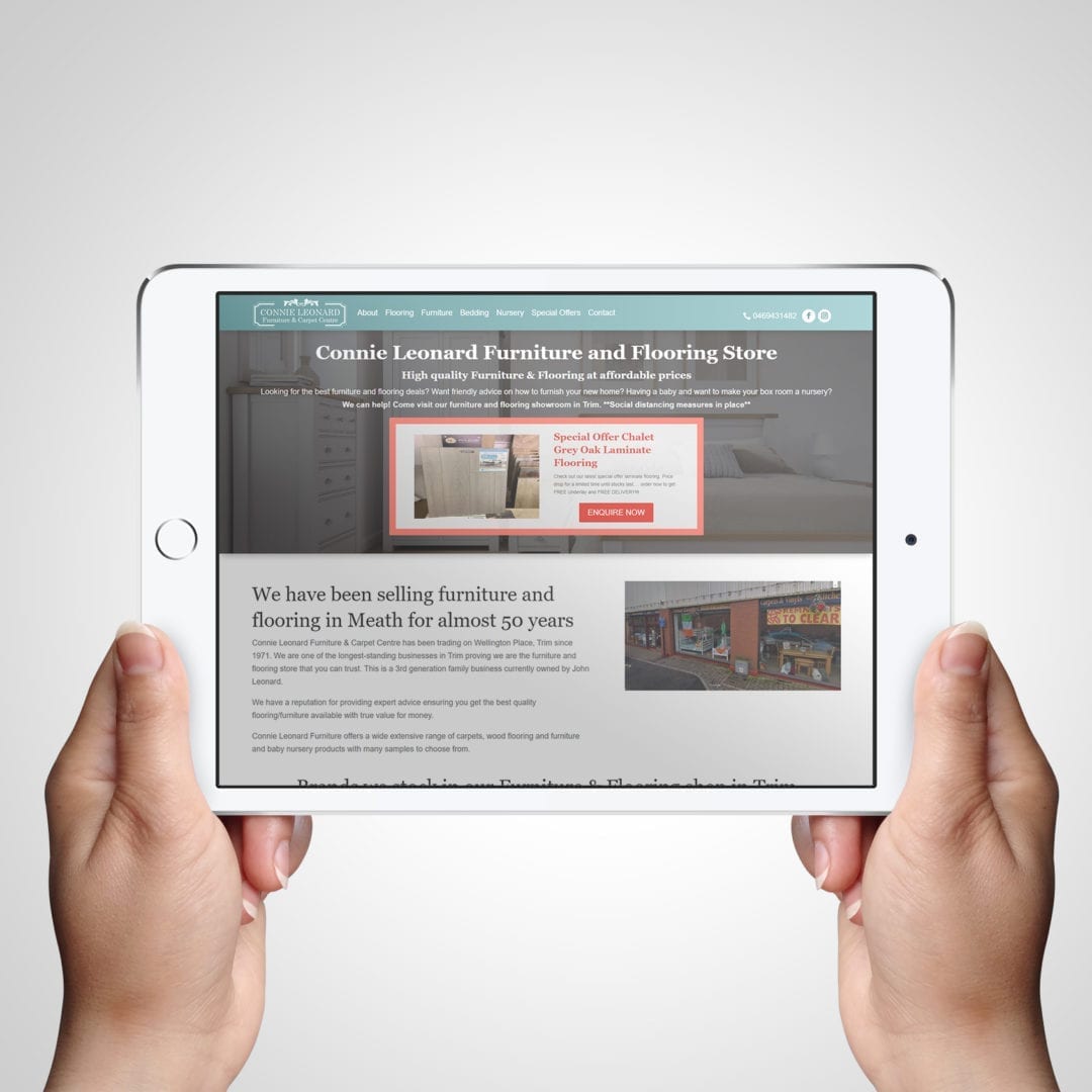 Connie Leonard furniture website displayed on Tablet Connie Leonard Furniture Website on Tablet - Designed by DesignBurst