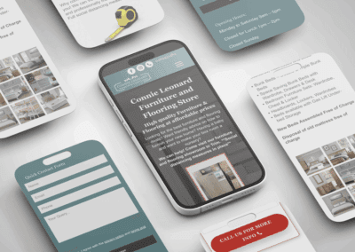 Connie Leonard Furniture on mobile phones flat lay showcasing the website design smaller ()