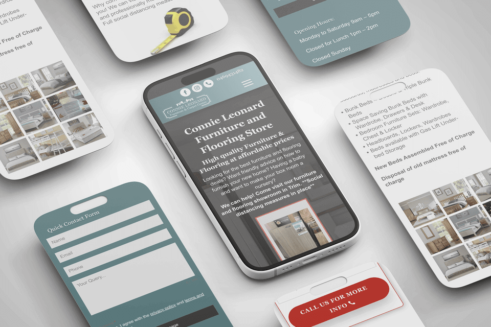Mobile App Screen Mockup Mosaic Tallon Morturary Specialists Website Design Connie Leonard Furniture on mobile phones flat lay showcasing the website design smaller ()
