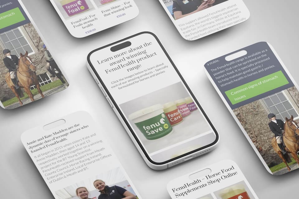 Mobile App Screen Mockup Mosaic Tallon Morturary Specialists Website Design FenuHealth Website Showcase Flatlay iPhones and mobile screens smaller ()