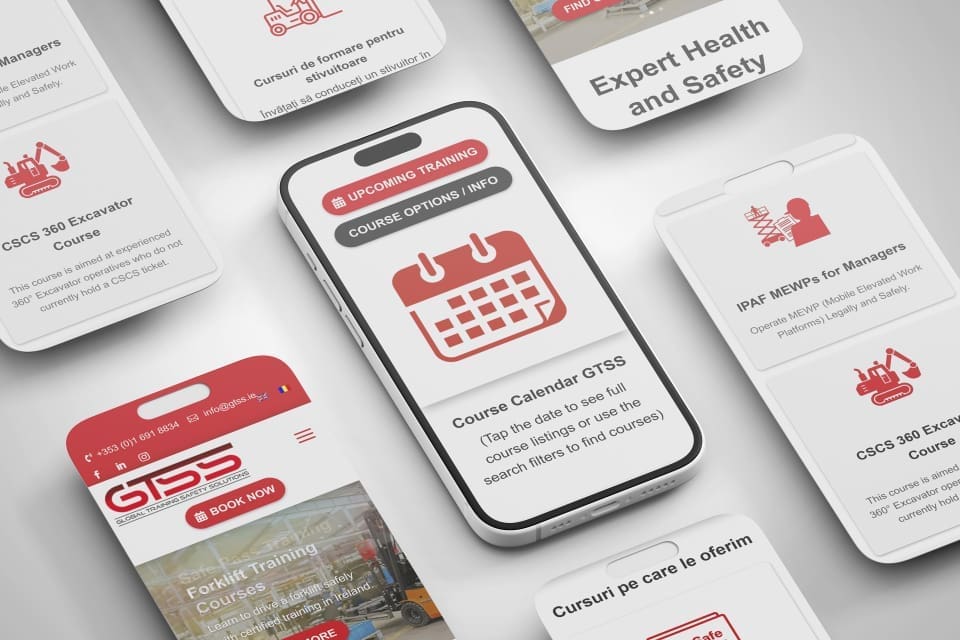 Mobile App Screen Mockup Mosaic Tallon Morturary Specialists Website Design GTSS Global Training Safety Solutions Website Showcase Flatlay iPhones and mobile screens DesignBurst