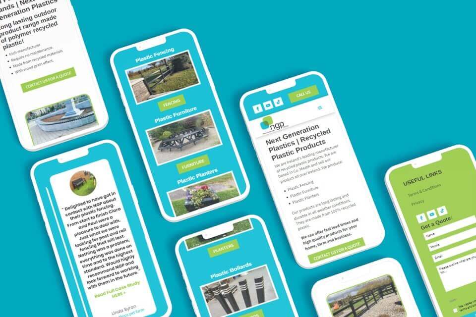 Mobile App Screen Mockup Mosaic Tallon Morturary Specialists Website Design Next Generation Plastics NGP Website on iPhones flatlay