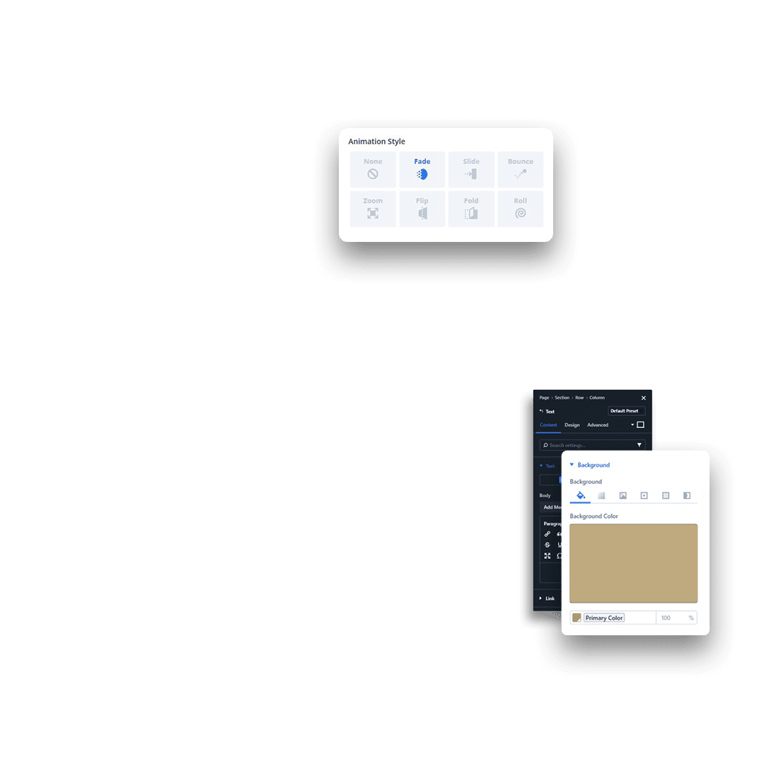 Front of animating element animation showing features of website design editor
