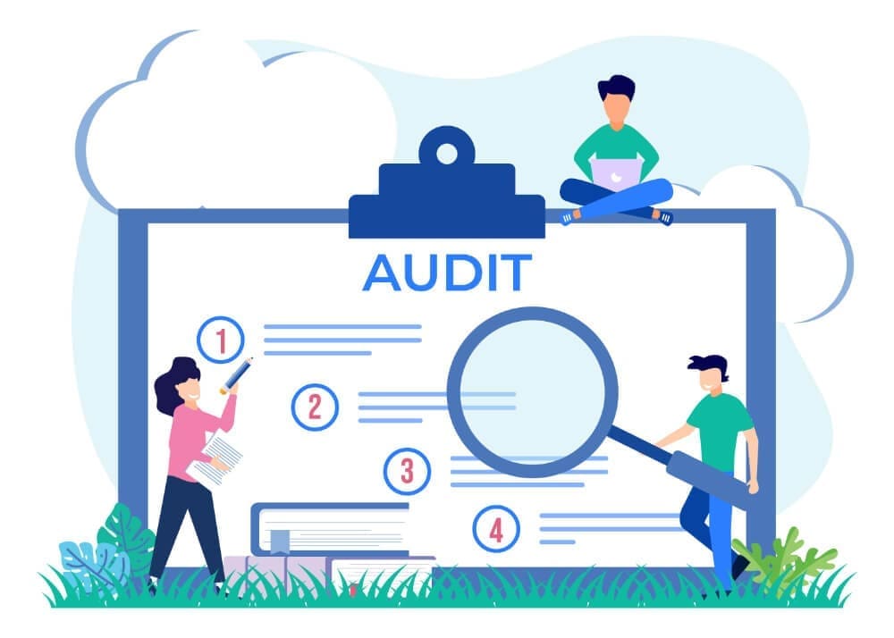 Accessibility Audit graphic with audit steps and cartoon people
